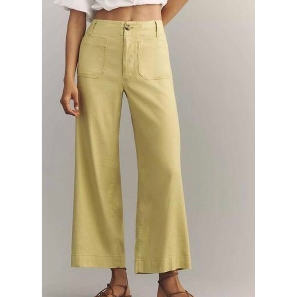 Maeve Anthropologie The Colette Full Length Pants Yellow Wide Leg Linen Size 32